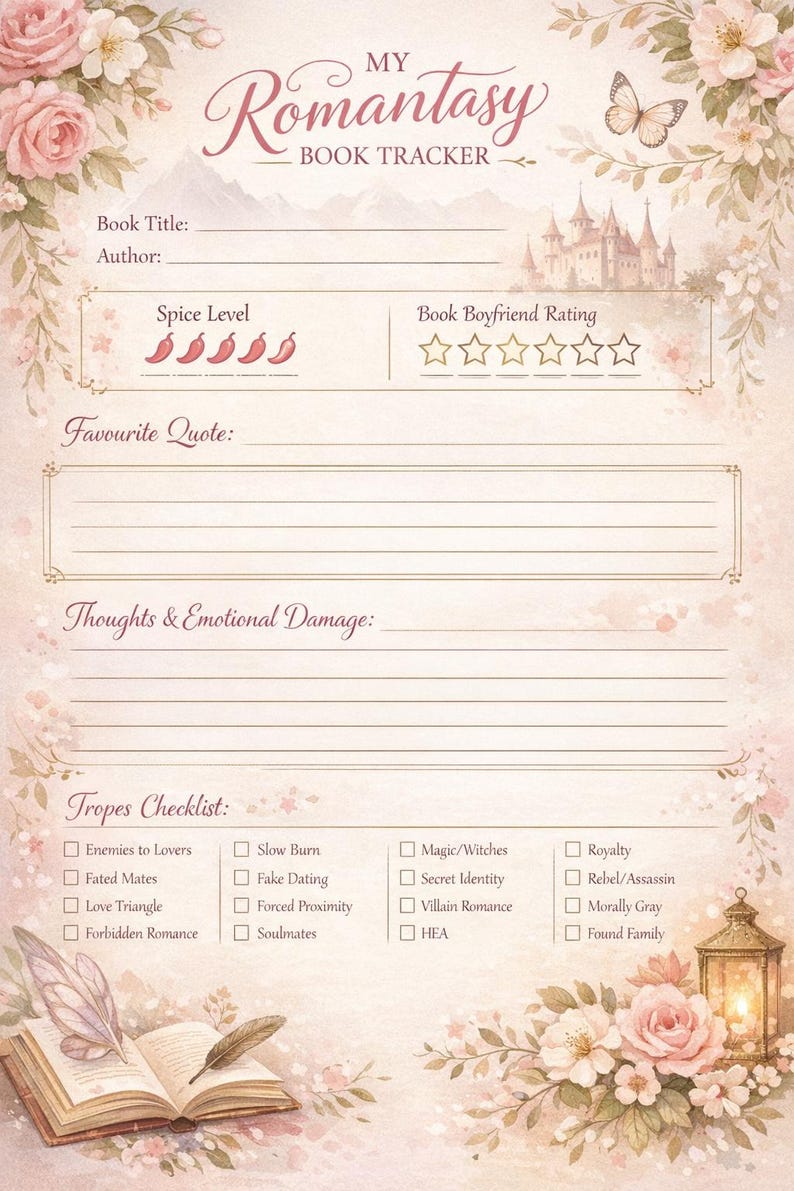 May include: A decorative book tracker titled "My Romantasy Book Tracker" with space for book title, author, and ratings. Features a spice level indicator with chili peppers and a book boyfriend rating with stars. Includes a tropes checklist and space for quotes.