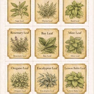Può includere: Nove illustrazioni botaniche vintage di erbe, tra cui salvia, timo, basilico, rosmarino, alloro, menta, origano, eucalipto e melissa. Ogni illustrazione è etichettata con il nome dell'erba.