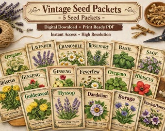May include: A selection of vintage seed packets showcasing herbs and flowers such as lavender, chamomile, and hibiscus. The packets are arranged on a wooden surface, with twine, scissors, and dried herbs. The text "Vintage Seed Packets" is displayed at the top of the image.