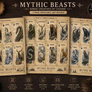 Può includere: Un pacchetto di arte stampabile di tre pagine con illustrazioni di creature mitiche delle leggende norrene, della foresta e del mare. L'opera d'arte include creature come draghi, lupi e mostri marini. Il pacchetto include 24 creature uniche, file JPG ad alta risoluzione a 300 DPI ed è pronto per la stampa.