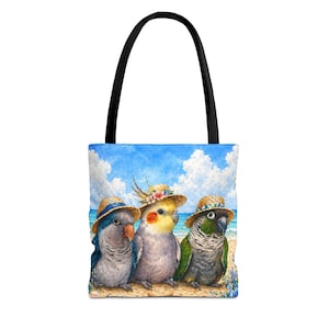 Three Parrots in Straw Hats at the Beach Tote Bag - 3 Sizes - Green Cheek Conure, Quaker Monk Parakeet and Cockatiel