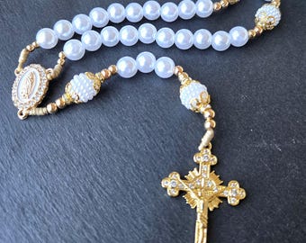 Our Lady of Guadalupe Rosary – White Glass Pearl Beads, Gold Plated Spacers, Rhinestone Crucifix, Catholic Gifts