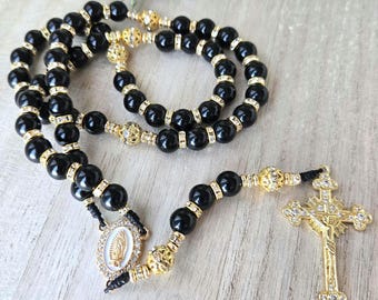 Rosario católico negro y dorado, cuentas de oración, medalla milagrosa con crucifijo dorado, regalo para ella.
