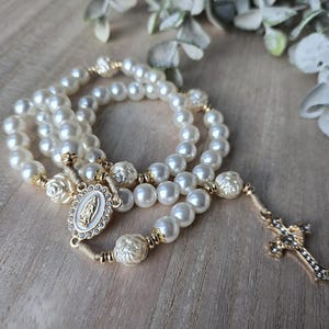 Catholic Glass Pearl handmade Rosary | Prayer Beads | Miraculous Medal | Gold Crucifix | First Communion Gift image 8