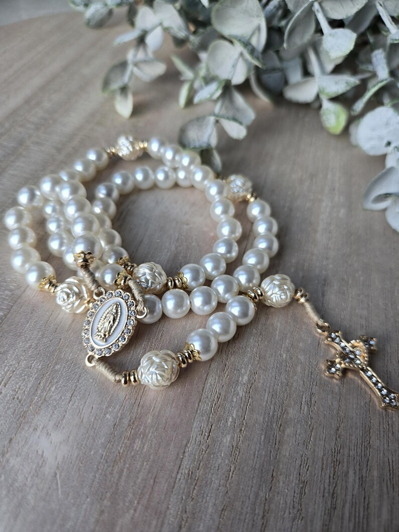 Catholic Glass Pearl handmade Rosary | Prayer Beads | Miraculous Medal | Gold Crucifix | First Communion Gift image 8