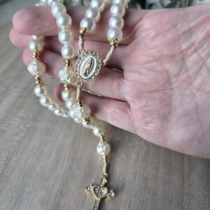 Catholic Glass Pearl handmade Rosary | Prayer Beads | Miraculous Medal | Gold Crucifix | First Communion Gift image 3