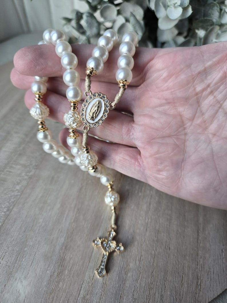 Catholic Glass Pearl handmade Rosary | Prayer Beads | Miraculous Medal | Gold Crucifix | First Communion Gift image 3