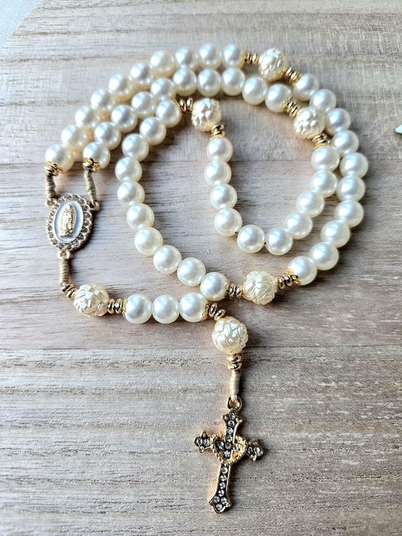 Catholic Glass Pearl handmade Rosary | Prayer Beads | Miraculous Medal | Gold Crucifix | First Communion Gift