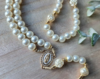 Catholic Pearl Rosary – Handmade Prayer Beads with Gold Accents & Miraculous Medal – Gift for Her.