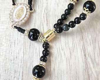 Black Rosary Bracelet 7 Inch, Catholic Bracelet Rosary, Miraculous Medal, Gold Crucifix Bracelet, Gift for Women