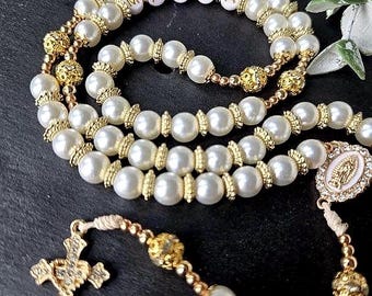 Glass Pearl Rosary Beads with Gold Accents | Catholic Devotional Item, Custom Name Option
