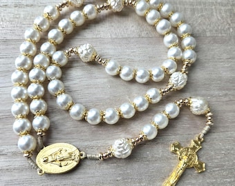 Handmade Pearl Rosary Beads, Gold Crucifix, Miraculous Medal, Catholic Prayer Beads