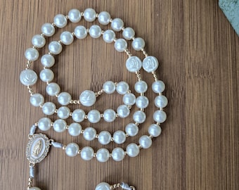 Glass Pearl Catholic Rosary – Gold Accents, Miraculous Medal, Crystal Crucifix, Gift for Women