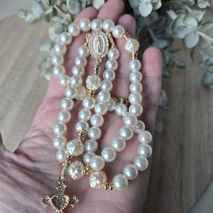 Catholic Glass Pearl handmade Rosary | Prayer Beads | Miraculous Medal | Gold Crucifix | First Communion Gift image 4
