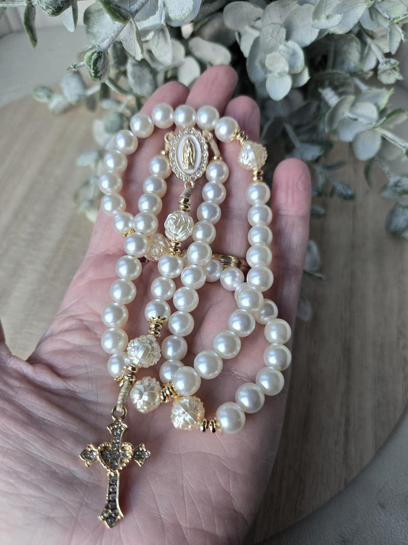 Catholic Glass Pearl handmade Rosary | Prayer Beads | Miraculous Medal | Gold Crucifix | First Communion Gift image 4
