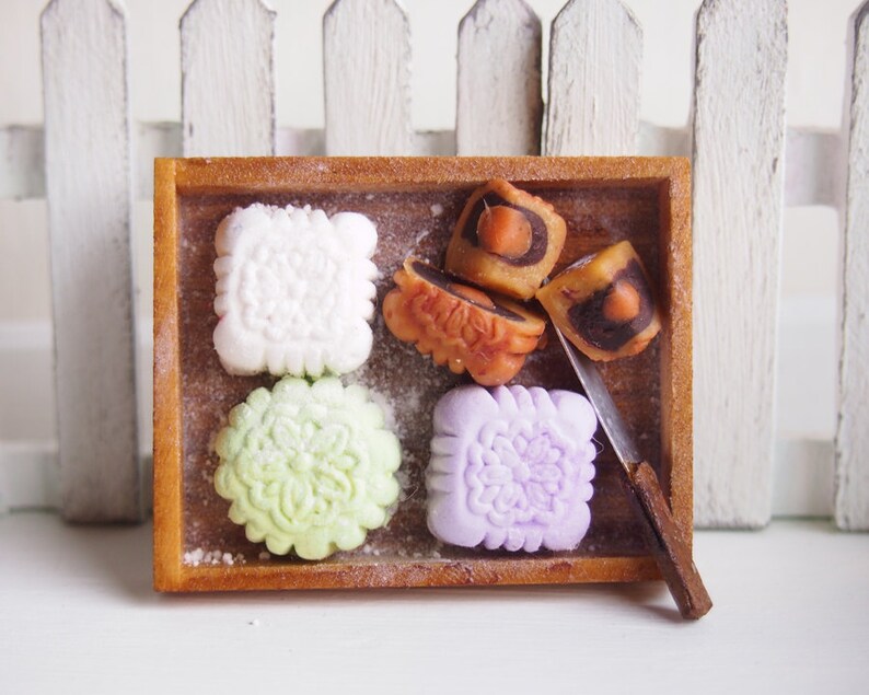 Miniature Tray of Clay Assorted Mooncakes for Dollhouse Display image 1