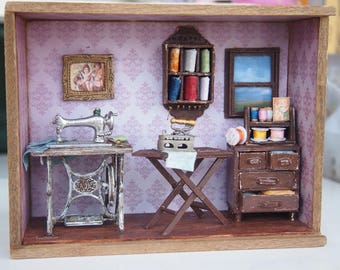 Diorama Sala de costura, Regalos de costurera, Caja de habitación vintage, Decoración de la sala de costura, Costura antigua, Pared de la sala de artesanía