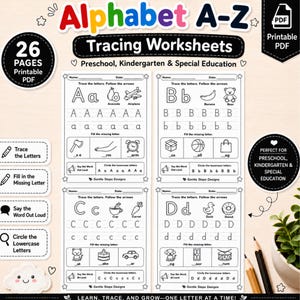 May include: Alphabet A-Z tracing worksheets for preschool, kindergarten, and special education. The printable PDF includes 26 pages with letter tracing, fill-in-the-missing-letter, and lowercase letter activities. Includes illustrations of objects starting with each letter.
