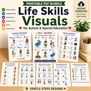 May include: A printable PDF bundle titled "Life Skills Visuals" for autism and special education. The image shows cards with calming strategies, daily routines, visual schedules, and more. Includes text like "Instant Download" and "Print & Use Right Away!"
