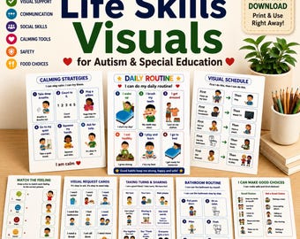 Visuelles Unterstützungspaket für Autismus- und Sonderpädagogik, Lebensfertigkeiten Visuelles, tägliche Routine, beruhigende Techniken, druckbare PDF