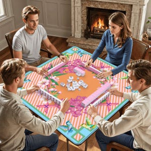 May include: A square folding card table featuring a vibrant orange center with pink floral patterns and light blue hummingbird illustrations. The table surface has a striped border and is set with white mahjong tiles in the middle and racks.