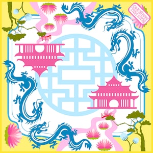 May include: A square, colorful illustration with a yellow border. The design features blue dragons, pink pagodas, and lotus flowers. The text "Bliss Hill Mahjong" is in the upper right corner. A light blue geometric shape is in the center.