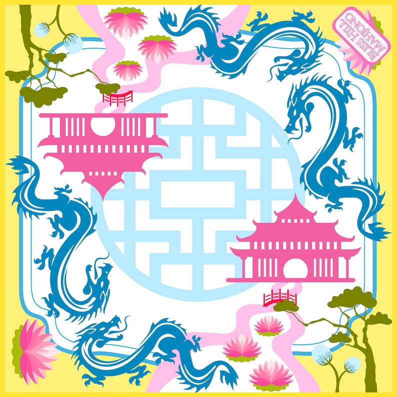 May include: A square, colorful illustration with a yellow border. The design features blue dragons, pink pagodas, and lotus flowers. The text "Bliss Hill Mahjong" is in the upper right corner. A light blue geometric shape is in the center.