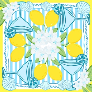 May include: A square, summery design featuring lemons, cocktail glasses, and white flowers on a blue and white striped background. The design includes seashells and a yellow border, creating a vibrant and refreshing aesthetic.