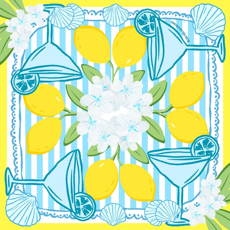 May include: A square, summery design featuring lemons, cocktail glasses, and white flowers on a blue and white striped background. The design includes seashells and a yellow border, creating a vibrant and refreshing aesthetic.