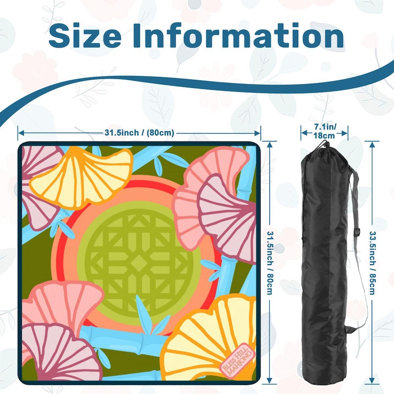May include: A colorful yoga mat with a floral design, measuring 31.5 inches (80 cm) square, and a black carrying bag. The mat features pink, yellow, and orange flowers with blue bamboo stalks on a green background. The bag is 33.5 inches (85 cm) long.