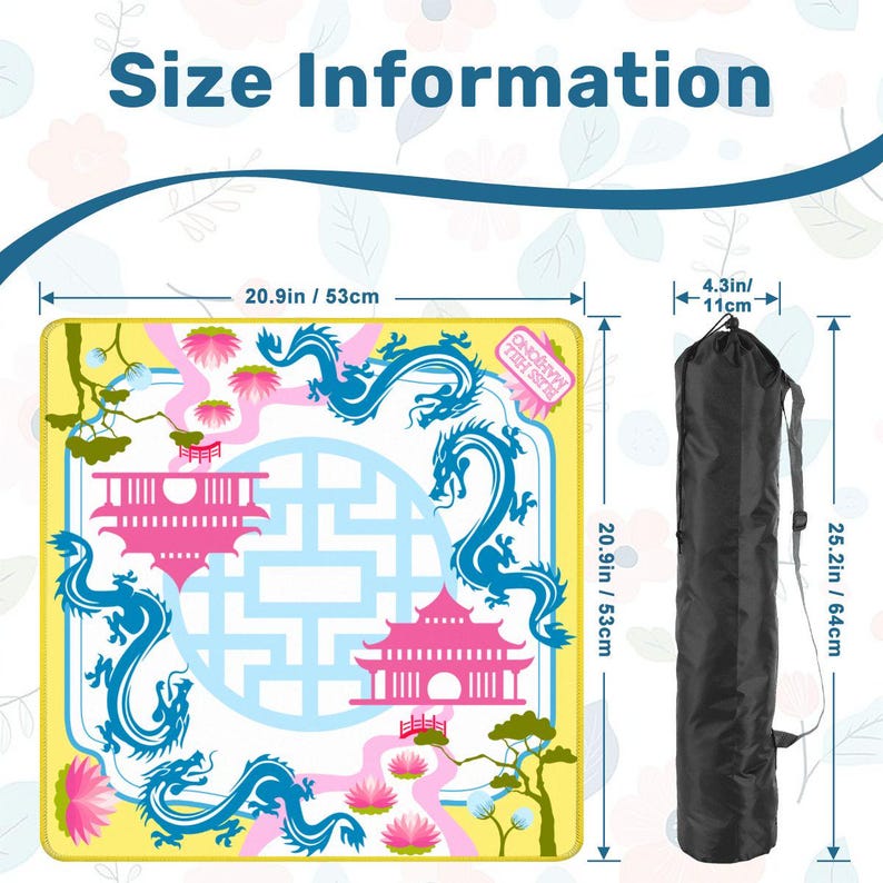 May include: A yellow and white mat with a pink and blue Asian-inspired design, measuring 20.9 inches (53 cm) square. A black carrying bag is included, measuring 25.2 inches (64 cm) long. The mat has a dragon and pagoda design.