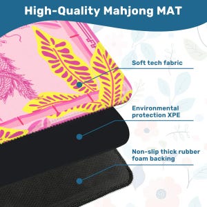May include: A high-quality Mahjong mat with a pink floral design and yellow leaf accents. The mat features a soft tech fabric, environmental protection XPE, and a non-slip thick rubber foam backing.