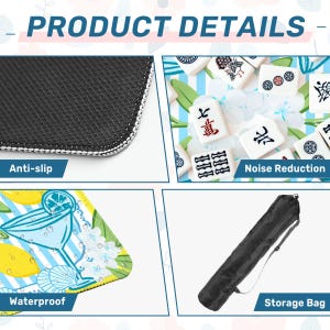 May include: Product details image. Features include anti-slip, noise reduction, waterproof, and a storage bag. The image shows a close-up of the product's edge, Mahjong tiles, a cocktail illustration, and a black storage bag.