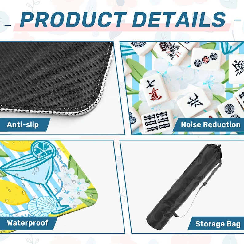 May include: Product details image. Features include anti-slip, noise reduction, waterproof, and a storage bag. The image shows a close-up of the product's edge, Mahjong tiles, a cocktail illustration, and a black storage bag.