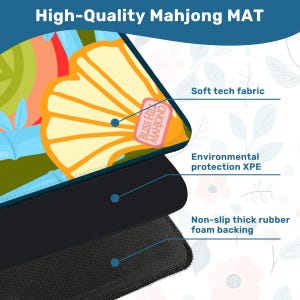 May include: A high-quality Mahjong mat with a colorful design featuring a citrus fruit. The mat has a soft tech fabric, environmental protection XPE, and a non-slip thick rubber foam backing. The mat has the text "BLISS HILL MAHJONG".