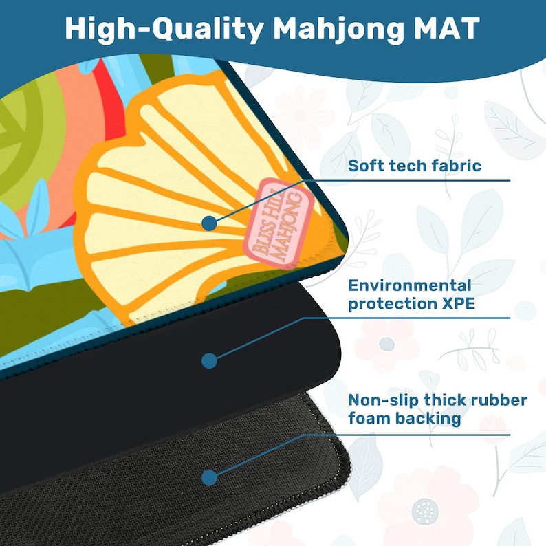 May include: A high-quality Mahjong mat with a colorful design featuring a citrus fruit. The mat has a soft tech fabric, environmental protection XPE, and a non-slip thick rubber foam backing. The mat has the text "BLISS HILL MAHJONG".