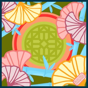 May include: Square silk scarf with a colorful floral and bamboo design. The scarf features a central green geometric pattern surrounded by orange and red rings. Pink, yellow, and purple fan-shaped flowers and blue bamboo stalks are scattered across a dark green background.