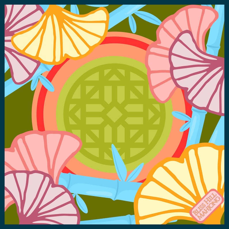 May include: Square silk scarf with a colorful floral and bamboo design. The scarf features a central green geometric pattern surrounded by orange and red rings. Pink, yellow, and purple fan-shaped flowers and blue bamboo stalks are scattered across a dark green background.