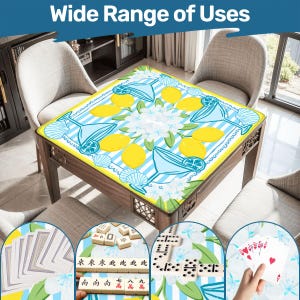 May include: A wooden table with a decorative top featuring a lemon and cocktail design. The table is surrounded by chairs and the text "Wide Range of Uses" is at the top. The image also shows the table being used for games like cards, dominoes, and mahjong.