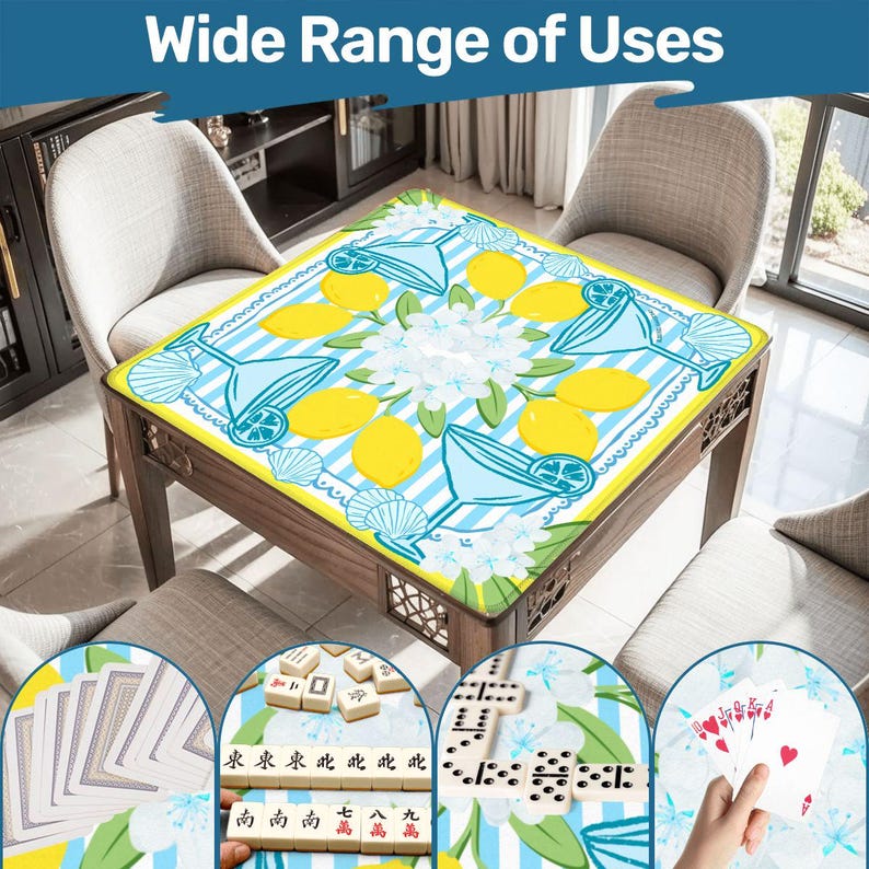 May include: A wooden table with a decorative top featuring a lemon and cocktail design. The table is surrounded by chairs and the text "Wide Range of Uses" is at the top. The image also shows the table being used for games like cards, dominoes, and mahjong.