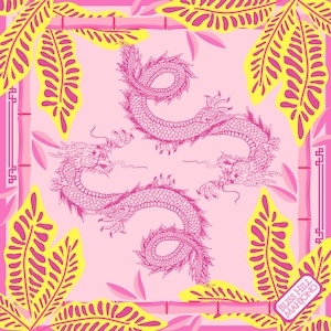 May include: A square, pink scarf with a repeating dragon design in a darker pink. The scarf has yellow and pink leaf and bamboo border accents. The text "Bliss Hill Mahjong" is in the bottom right corner.