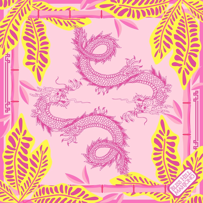 May include: A square, pink scarf with a repeating dragon design in a darker pink. The scarf has yellow and pink leaf and bamboo border accents. The text "Bliss Hill Mahjong" is in the bottom right corner.