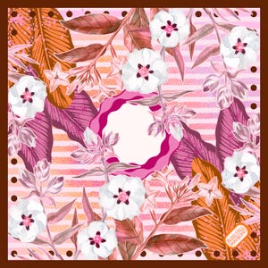 May include: A square scarf featuring a pattern of white flowers with dark centers, pink and orange tropical leaves, and a pink wavy circular emblem in the center. The background has horizontal pink stripes and a dark brown border with polka dots.