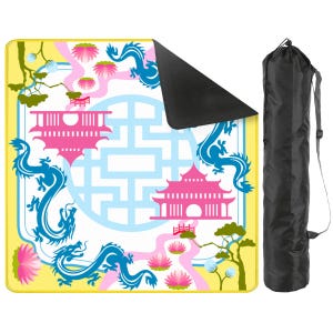May include: A yoga mat with a colorful Asian-inspired design. The mat features blue dragons, pink pagodas, and lotus flowers on a yellow and white background. A black carrying bag is included.