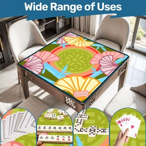 May include: A wooden table with a colorful patterned top featuring fan and bamboo designs. The table is surrounded by chairs. The image includes close-ups of playing cards, mahjong tiles, and dominoes. Text on the table reads "BLISS HILL MAHIONO" and "Wide Range of Uses."