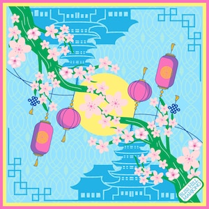 May include: Square scarf with a light blue background featuring a pattern of pagodas, cherry blossoms, and pink lanterns. A yellow sun is in the center. The scarf has a pink and yellow border. The text "Bliss Hill Mahjong" is in the bottom right corner.