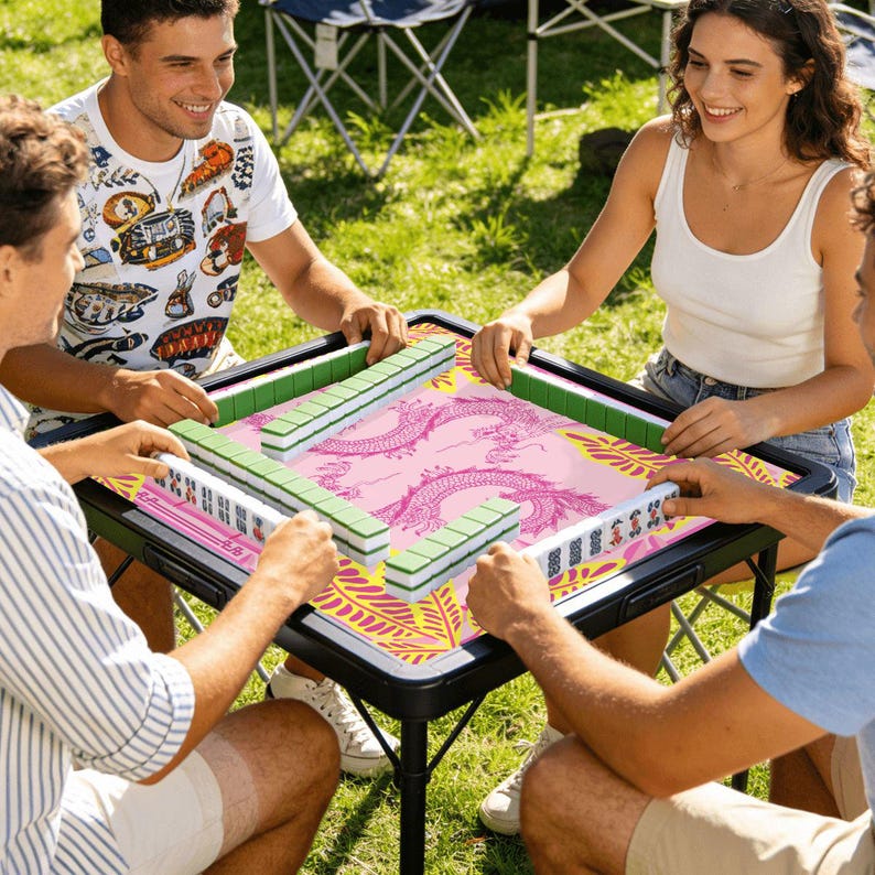 Hot Pink Dragon Bamboo Mahjong Mat – Tropical Chinoiserie Game Surface image 3