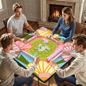 May include: Four people playing Mahjong around a colorful table. The table features a floral design with pink, orange, and green elements. The game includes pink tile racks and white tiles. The text "Bliss Hill Mahjong" is visible.