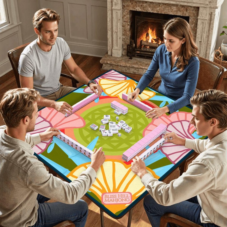 May include: Four people playing Mahjong around a colorful table. The table features a floral design with pink, orange, and green elements. The game includes pink tile racks and white tiles. The text "Bliss Hill Mahjong" is visible.
