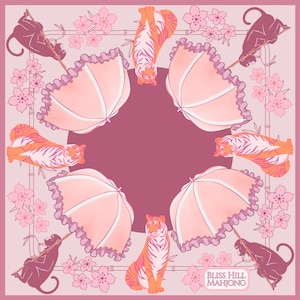 PREORDER Mauve Pale Pink Mahjong Mat with Tigers Monkeys and Umbrellas